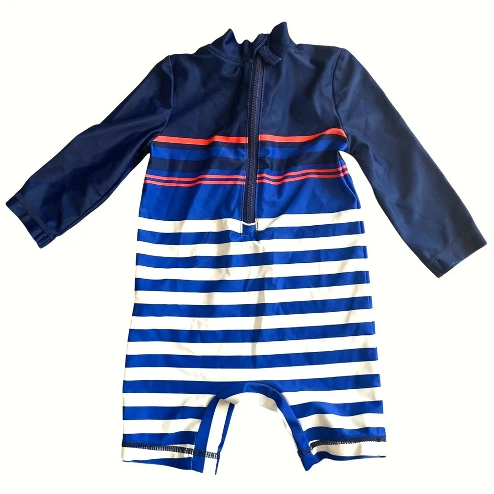 Carter's Baby Rash Guard 1-Piece Swimsuit Swim Boys 6M Blue Striped Long Sleeves